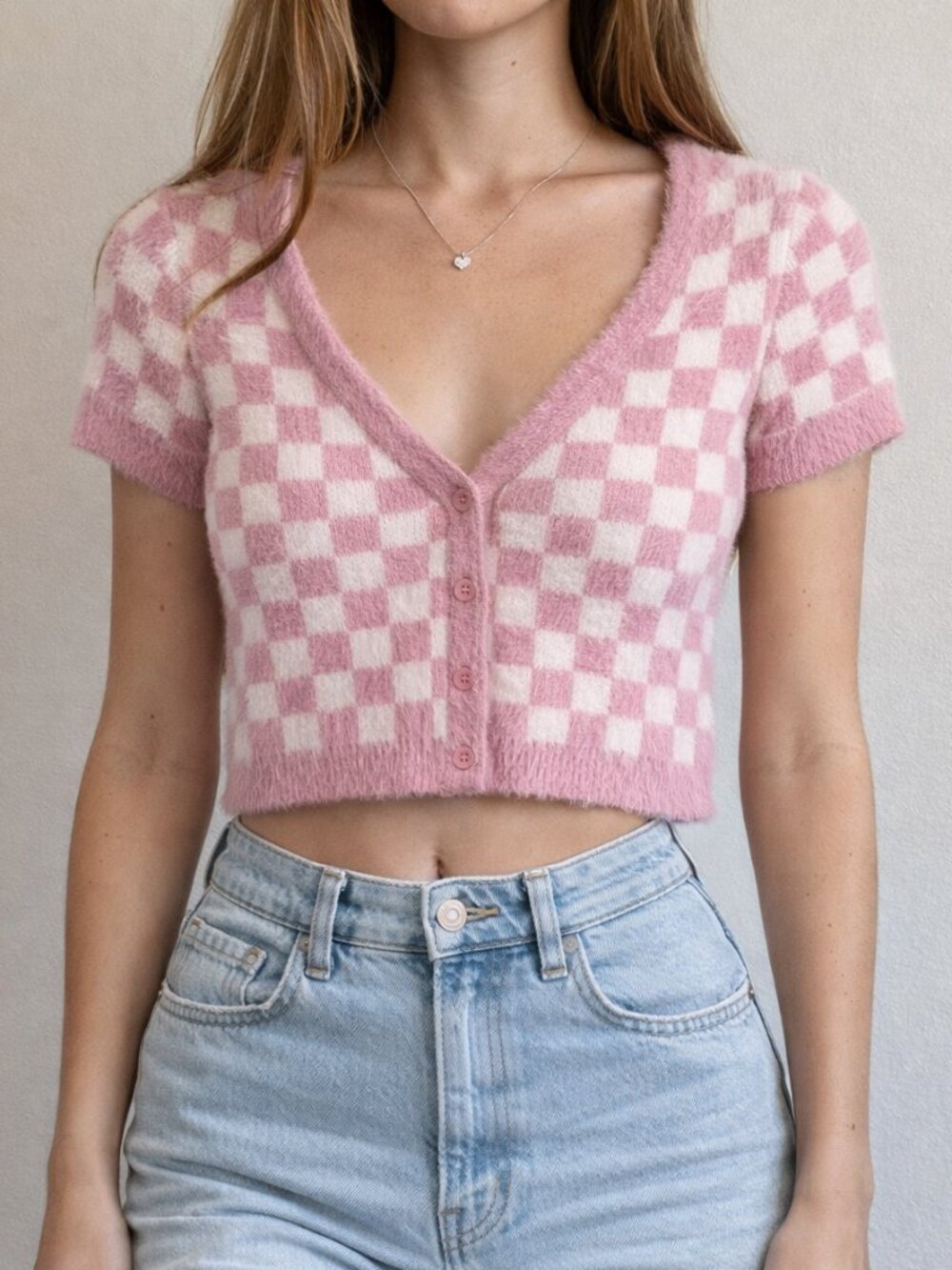 PacSun Fluffy Checkered Pink Short Sleeved Cropped Cardigan Textured LA Hearts